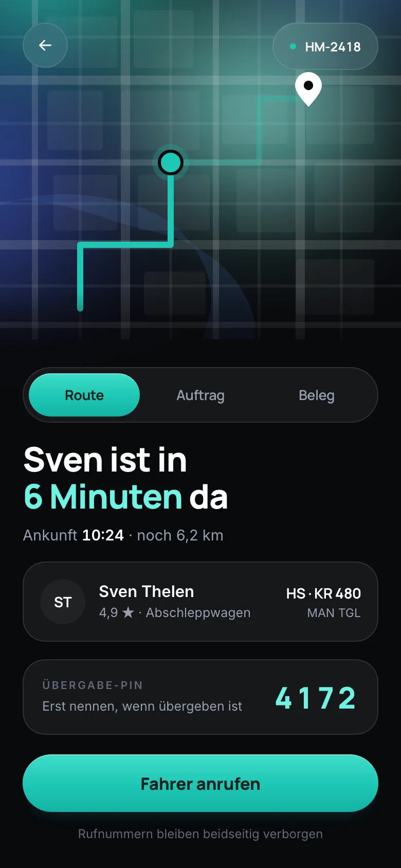 heymo App: Route mit Fahrer und Übergabe-PIN