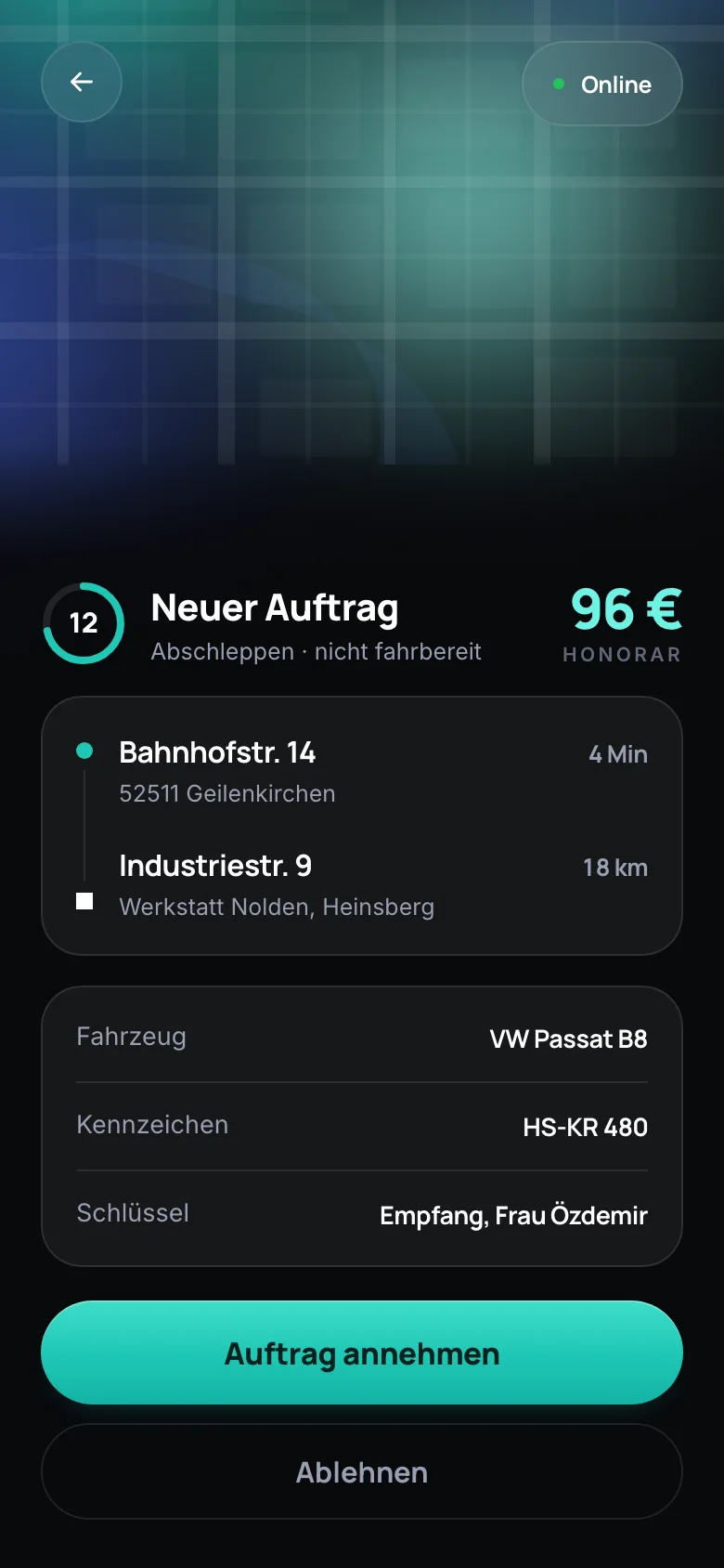 heymo Fahrer-App: neuer Auftrag mit Strecke, Fahrzeug und Honorar