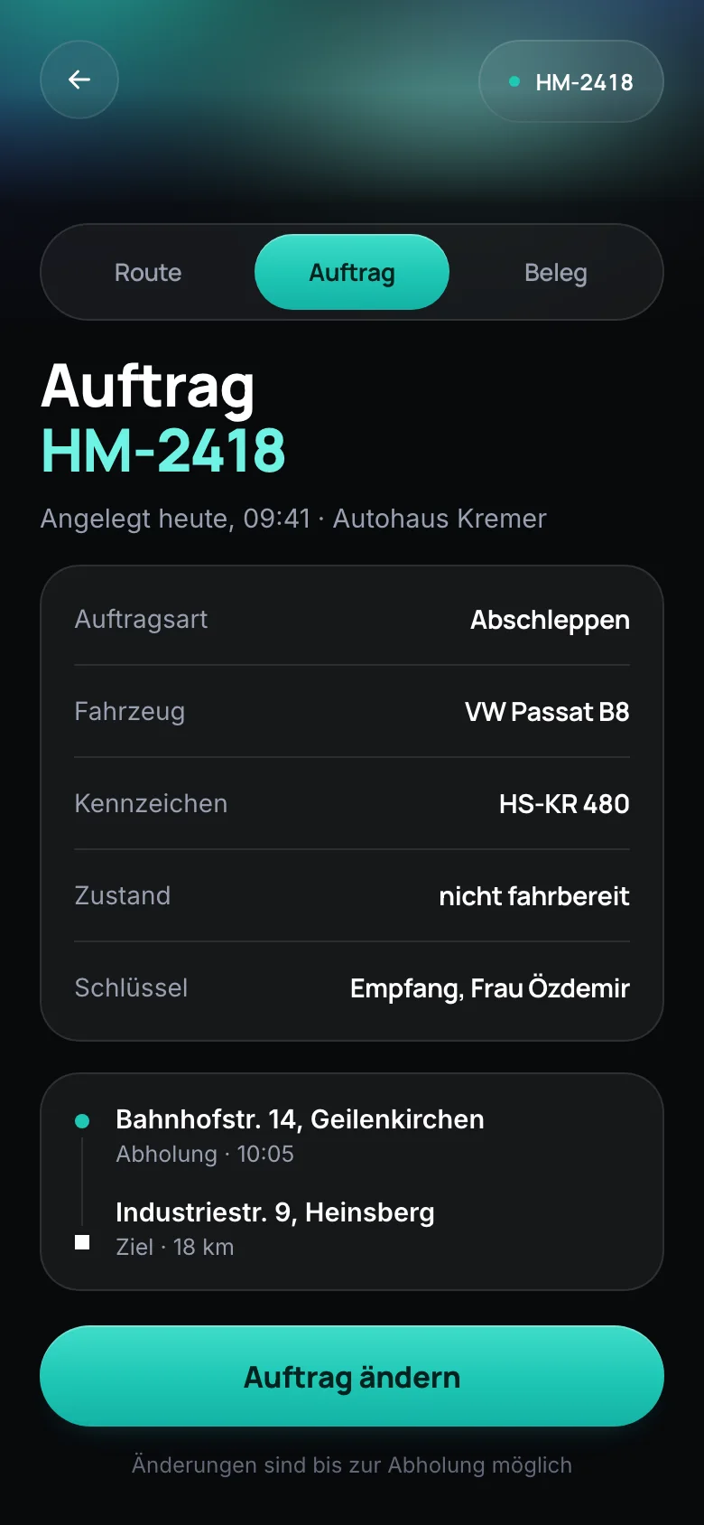 heymo Fahrer-App: Auftrag mit Fahrzeug, Kennzeichen, Zustand und Strecke